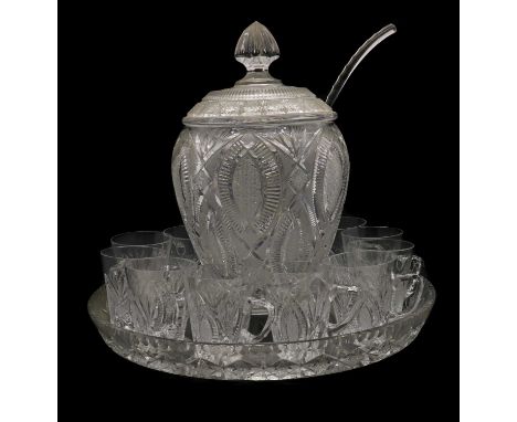 A Czech crystal glass punch bowl set,mid-20th century, comprising a punch bowl, 34cm high, a ladle, twelve glasses, each with