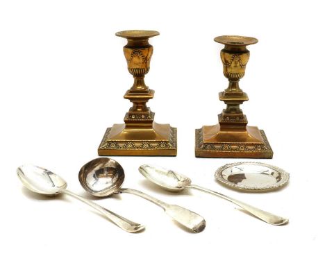  A pair of Georgian silver tablespoons,Old English pattern, together with an Irish sauce ladle, makers mark P.W, Dublin 1846,