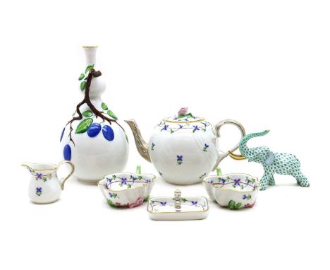 A collection of Herend porcelain,comprising a group of Cornflower Garland pattern items, a teapot, 20cm wide, two leaf dishes