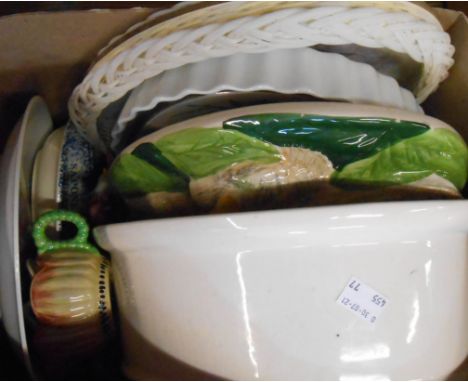 A box containing assorted ceramic items including Capodimonte figurine, Masons Ironstone soap dish, etc.