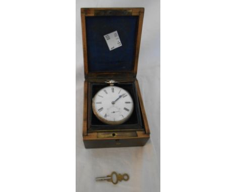 A Victorian silver cased fusee pocket watch - London 1871, in an antique brass inlaid watch stand box