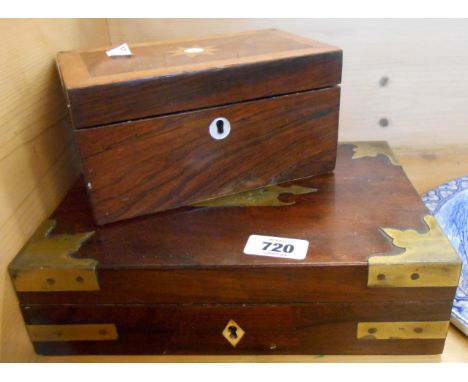 A 19th Century rosewood and crossbanded tea caddy with inlaid mother-of-pearl decoration - sold with a rosewood veneered bras
