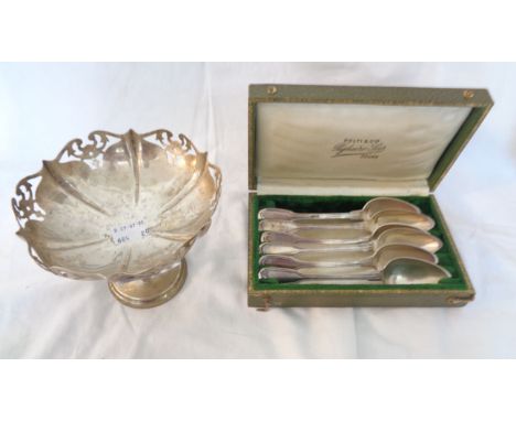 A cased set of six continental white metal teaspoons - sold with a small English silver pedestal bowl