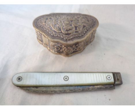 An antique large folding fruit knife with mother-of-pearl clad handle - sold with an Anglo Indian white meta trinket box