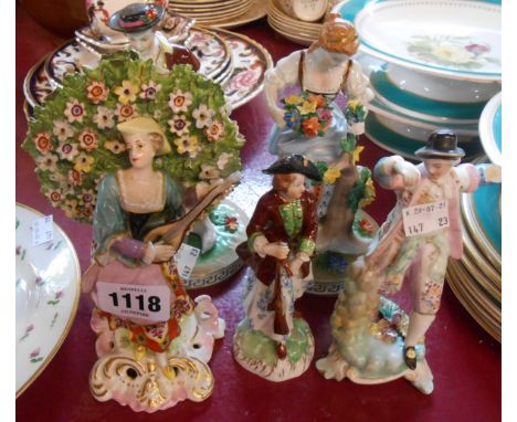 Five assorted Continental ceramic figurines including Dresden, etc. - various condition