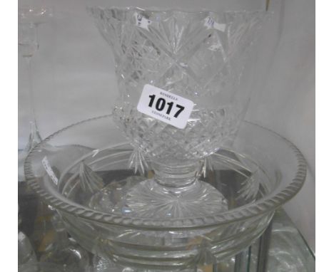 A 20th Century cut crystal vase decorated with hobnail and fan pattern - sold with a cut glass bowl