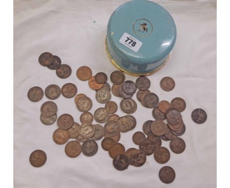 A vintage Elizabeth Arden powder bowl containing a quantity of Victorian and later pennies, etc.
