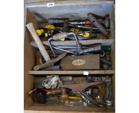 An old furniture drawer of assorted woodworking and other tools including braces and bits, Record Stanley and other planes, e