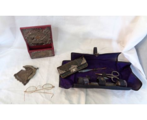A silver mounted stand, purse, manicure set and plated mesh purse - sold with a pair of old yellow metal mounted spectacles