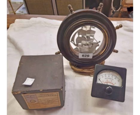 A vintage novelty ship and wheel form table lamp - sold with a vintage voltmeter