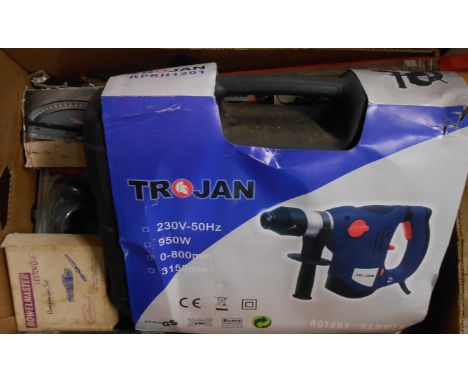 A box containing assorted power tools and accessories including Trojan SDS rotary hammer, various hand tools, etc.