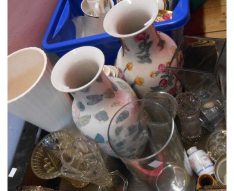 A box containing assorted ceramic and glass vases - sold with a vintage Thermos jug