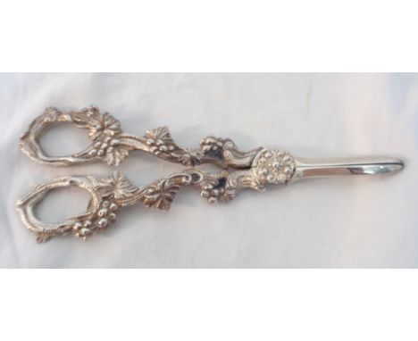 A pair of ornate silver plated grape scissors with cast grapevine decoration to handles