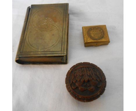 A brass book pattern snuff box, the Laurel miniature razor and an old carved coquilla nut balm pot