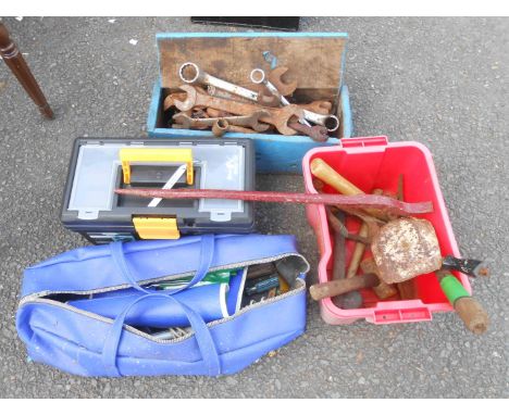 Toolboxes, a crate and bag containing assorted tools, including hammers, pliers, spanners etc.
