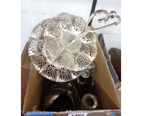 A box containing a quantity of modern silver plated items including cake stand, candelabrum and pedestal bowl, etc.