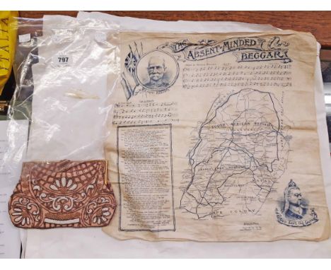 A Boer War blue printed handkerchief The Absent Minded Beggar - sold with a vintage French beaded purse