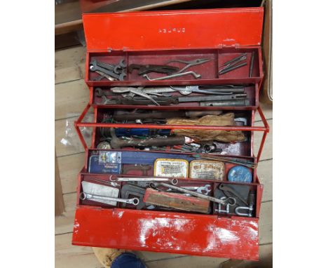 A duplex tool box containing assorted tools including spanners, hammers, etc. - sold with a cased socket set