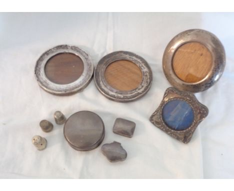 Two silver patch boxes, thimbles and small photograph frames - various condition
