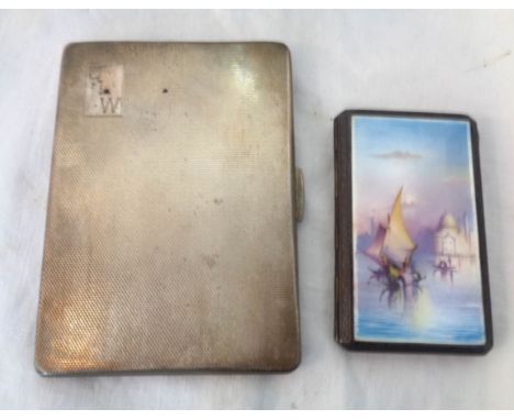 An import marked 925 silver cigarette case with enamelled Venetian grand canal scene to lid - sold with another with engine t