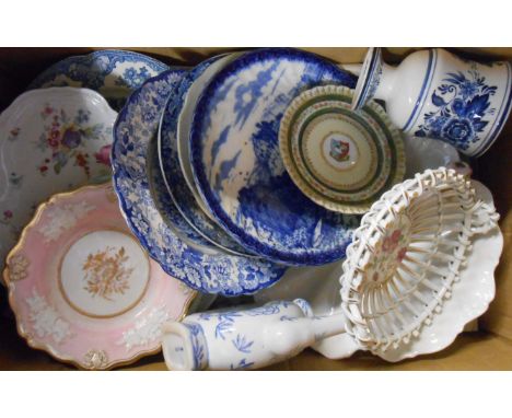 A box containing assorted ceramic items including blue and white china, etc.