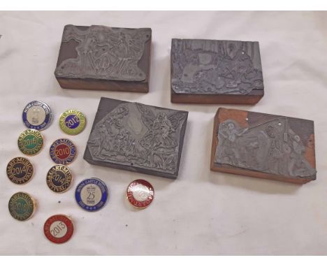 Four vintage ink printing blocks depicting children's story scenes - sold with a bag of Dart Music Festival and other enamel 