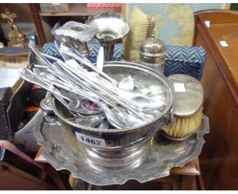 A quantity of assorted silver plated items including sugar caster, candlestick, tray and cutlery, etc.