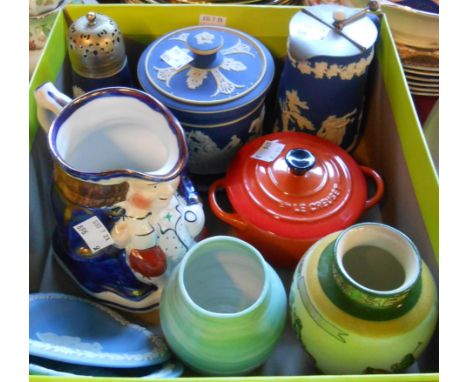 A small box containing assorted ceramic items including Adams Jasperware biscuit barrel, hot water jug and sugar sifter, a Do