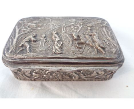 A silver snuff box with embossed figures arriving at a country house with large stairway and woodland to hinged lid, the side