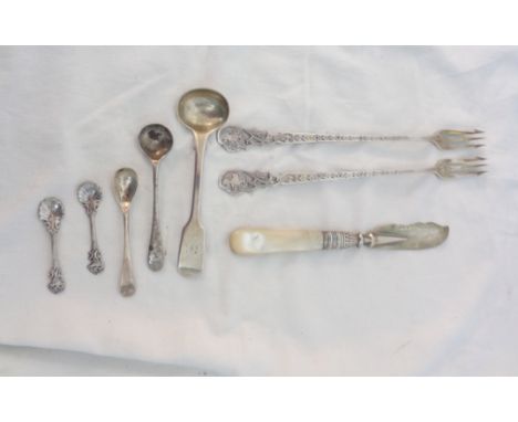 A pair of Sheffield silver ornate pickle forks with engraved and pierced decoration - sold with other small silver cutlery it