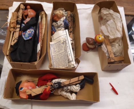 Four vintage Pelham Puppets in original box bases comprising witch, huntsman, bird and Alice in Wonderland - sold with assort