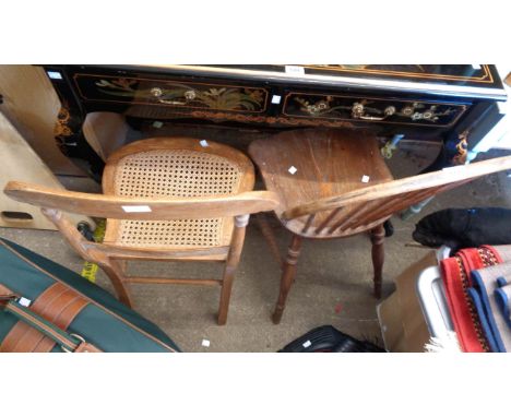 An old Windsor hoop stick back kitchen chair with solid elm seat, set on turned supports - sold with a Victorian rattan seate