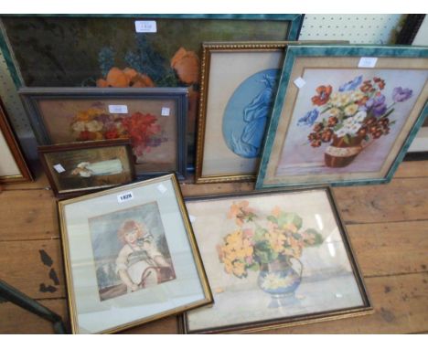 A selection of framed coloured prints including vintage floral studies and portrait of a boy playing a drum, etc.