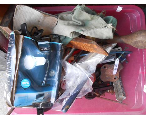 A crate containing assorted tools, including planes, spanners and chisels etc.