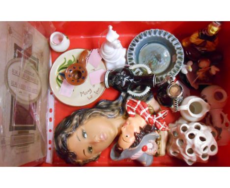 A box containing assorted ceramic and other items including Torquay pottery, plaster wall masks, Royal Doulton figure, etc.