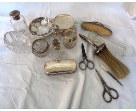 Various dressing table items including bottles, jars, nail buff and brush, etc. some silver content