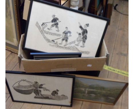 A box containing a collection of assorted pictures including monochrome Oriental subjects, also posed military group photogra