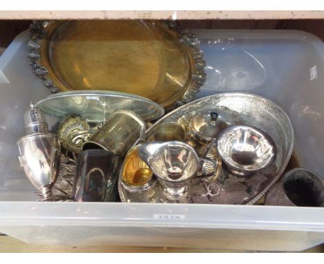 A crate containing a large quantity of assorted silver plated items including sugar caster, trays, hors d'oeuvres dish and ta