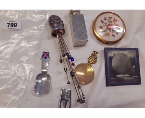 A bag of collectable items including salt glazed stoneware candle snuffer, hat pins, caddy spoons, pewter bottle, etc.