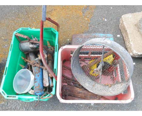 A quantity of old tools, including saw, clamps etc.