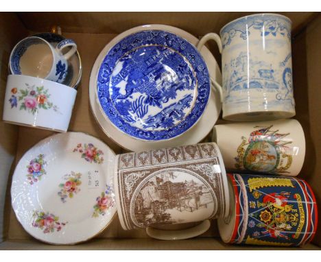 A box containing assorted commemorative and other ceramic items including 1924 Wembley Empire Exhibition tumbler and plate, W