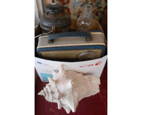 A box of collectable items including Tilley lamp, Norwegian pewter items, vintage Ecko transistor radio, etc.