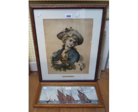 A framed coloured lithograph entitled Fidelity (a/f) - sold with a small canvas on board, depicting racing sailing boats