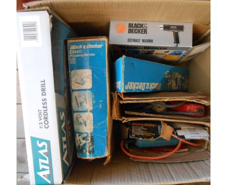 A box containing assorted tools included Atlas cordless drill, Black &amp; Decker finishing saw, etc.
