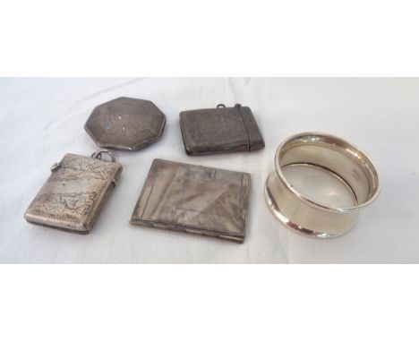 Two silver vesta cases, oblong locket, snuff box and napkin ring