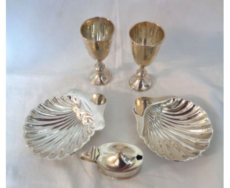 Two miniature silver goblets, a flip-top mustard pot and pair of small shell pattern dishes