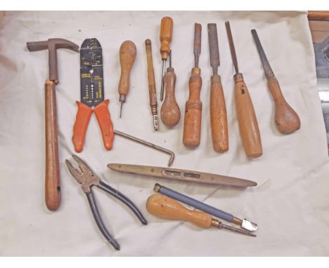 A box of old woodworking and other tools including Ravone spirit level, chisels, etc.