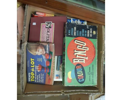 A box of assorted vintage and other games and puzzles including Mastermind, Downfall, Colour Bingo, etc.