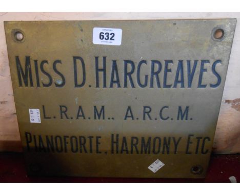 An old brass commercial door plaque for Miss D. Hargreaves, Music Teacher