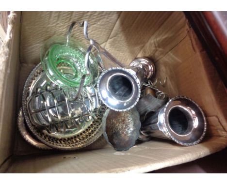 A box containing a quantity of silver plated items including a pair of faceted vases and cake basket, etc.